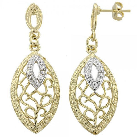 Arete Colgante 02.55.0009 Oro Laminado, Diseño de Filigrana, Diamantado, Dos Tonos