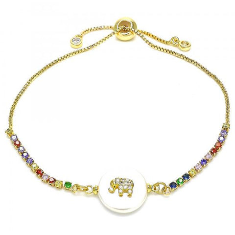 Pulsera Bolo Ajustable 03.63.2110.10 Oro Laminado, Diseño de Elefante, con Zirconia Cubica Blanca y Multicolor, Pulido, Dorado