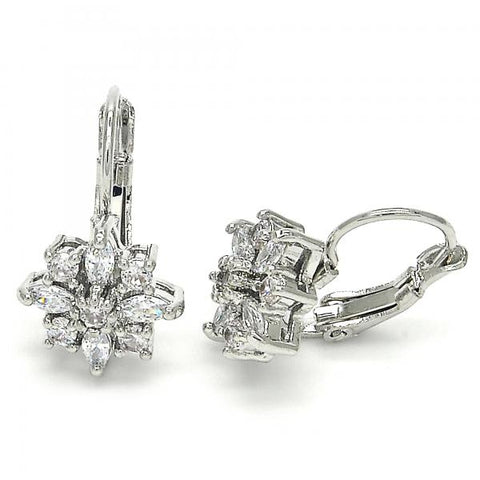 Arete Gancho Frances 02.210.0226.4 Rodio Laminado, Diseño de Flor, con Zirconia Cubica Blanca, Pulido, Rodinado