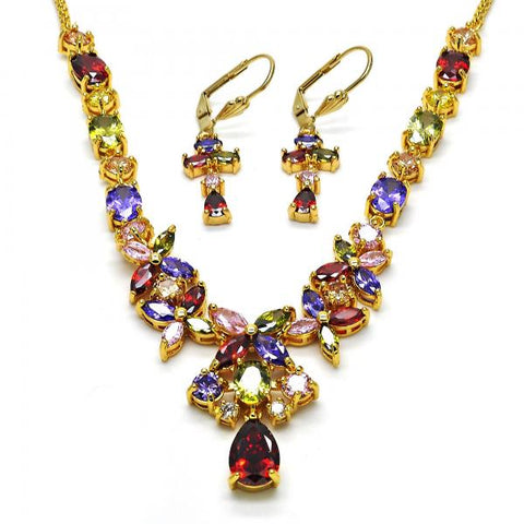 Collar y Arete 06.221.0008.1 Oro Laminado, Diseño de Flor y Gota, Diseño de Flor, con Zirconia Cubica Multicolor, Pulido, Dorado