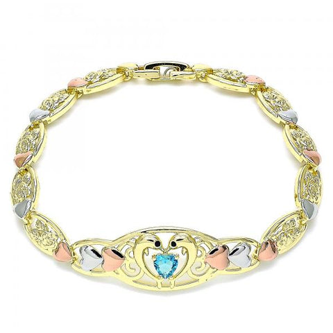 Pulsera Elegante 03.380.0106.07 Oro Laminado, Diseño de Delfin y Corazon, Diseño de Delfin, con Zirconia Cubica Topacio Azul y Negro, Pulido, Tricolor