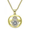 Collares con Dije 04.156.0398.20 Oro Laminado, Diseño de Mano de Dios, con Micro Pave Zafiro Azul y Blanca, Pulido, Dorado