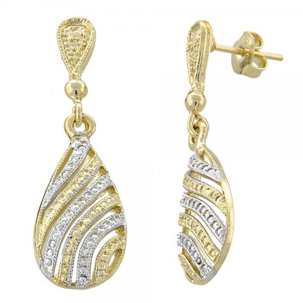 Arete Colgante 02.55.0014 Oro Laminado, Diseño de Gota, Diamantado, Dos Tonos