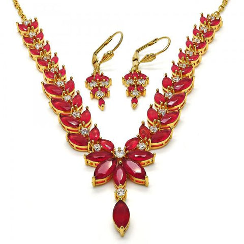 Collar y Arete 06.221.0001 Oro Laminado, Diseño de Oja, con Zirconia Cubica Rubi, Pulido, Dorado
