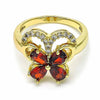 Anillo Multi Piedra 01.283.0012.08 Oro Laminado, Diseño de Mariposa, con Zirconia Cubica Granate y Blanca, Pulido, Dorado