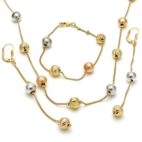 Collar, Pulso y Arete 06.170.0002 Oro Laminado, Diseño de Bola, Diamantado, Tricolor