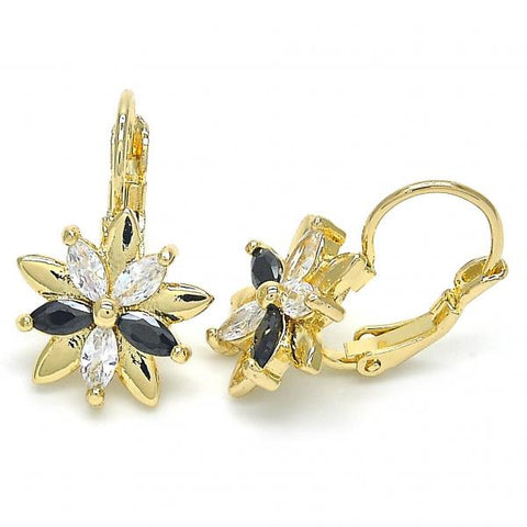 Arete Gancho Frances 02.210.0228.3 Oro Laminado, Diseño de Flor, con Zirconia Cubica Negro y Blanca, Pulido, Dorado