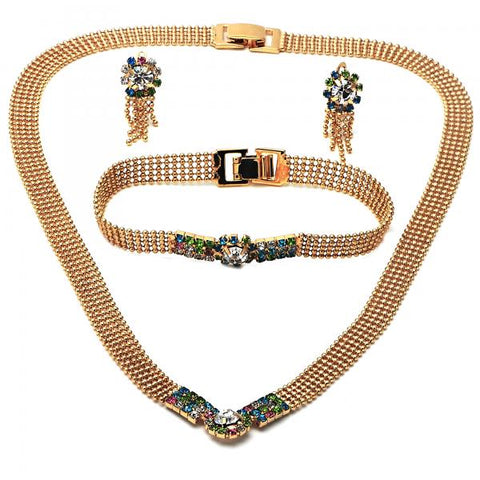 Collar, Pulso y Arete 5.012.003 Oro Laminado, con Zirconia Cubica Multicolor, Dorado