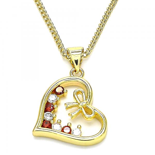 Collares con Dije 04.195.0013.1.20 Oro Laminado, Diseño de Corazon y Arco, Diseño de Corazon, con Zirconia Cubica Granate y Blanca, Pulido, Dorado