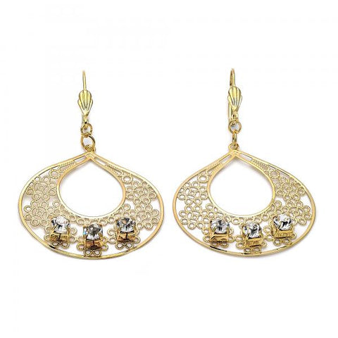 Arete Colgante 89.001 Oro Laminado, Diseño de Flor, con Zirconia Cubica Blanca, Diamantado, Dorado
