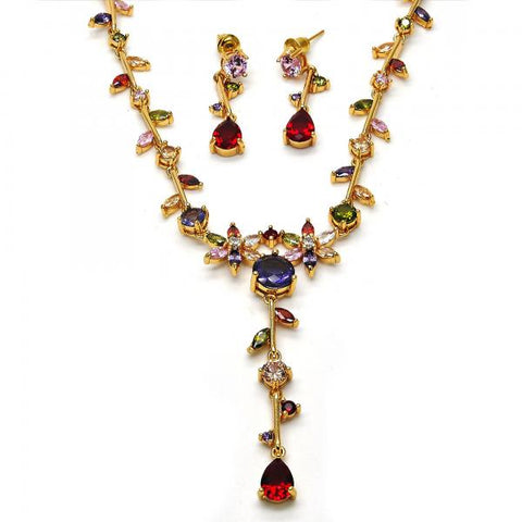 Collar y Arete 06.205.0002.1 Oro Laminado, Diseño de Flor y Oja, Diseño de Flor, con Zirconia Cubica Multicolor, Pulido, Dorado