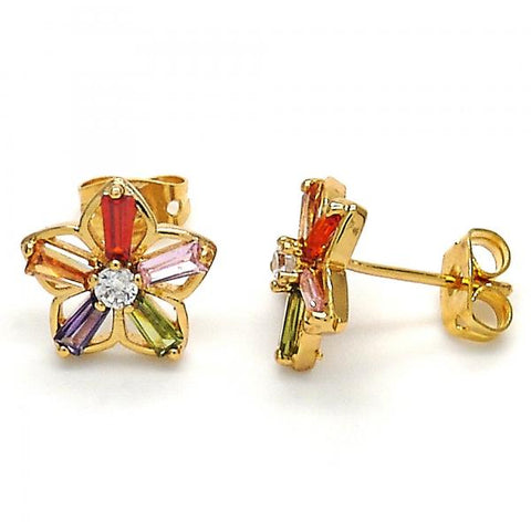 Arete Dormilona 02.210.0250.1 Oro Laminado, Diseño de Flor, con Zirconia Cubica Multicolor, Pulido, Dorado