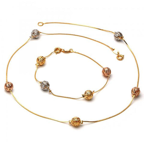 Collar y Pulso 5.010.001 Oro Laminado, Diseño de Bola, Tricolor