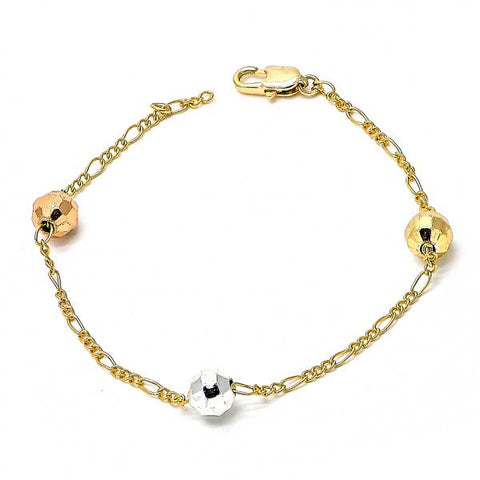 Pulsera Elegante 03.08.0132.08 Chapa de Oro, Diseño de Bola, Pulido, Tricolor