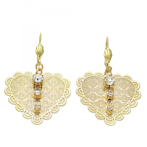 Arete Colgante 69.014 Oro Laminado, Diseño de Corazon, con Zirconia Cubica , Diamantado, Dorado