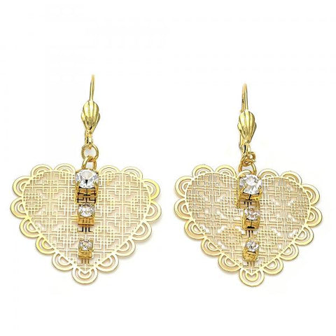 Arete Colgante 69.014 Oro Laminado, Diseño de Corazon, con Zirconia Cubica , Diamantado, Dorado