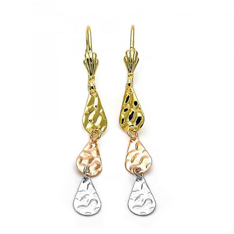 Arete Largo 02.63.2146 Oro Laminado, Diseño de Gota, Diamantado, Tricolor