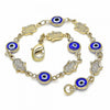 Pulsera Elegante 03.326.0007.1.08 Oro Laminado, Diseño de Ojo Griego y Mano de Dios, Diseño de Ojo Griego, Resinado Azul, Dorado