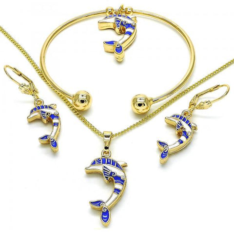 Collar, Pulso, Arete y Anillo 10.63.0590.1 Oro Laminado, Diseño de Delfin, con Cristal Blanca, Esmaltado Azul, Dorado