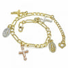 Pulsera de Dije 03.351.0076.07 Oro Laminado, Diseño de Guadalupe y Crucifijo, Diseño de Guadalupe, Diamantado, Tricolor