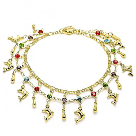 Tobillera de Dije 03.383.0005.10 Oro Laminado, Diseño de Delfin y Gota, Diseño de Delfin, con Cristal Multicolor, Pulido, Dorado