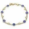 Pulsera Elegante 03.326.0008.2.08 Oro Laminado, Diseño de Ojo Griego y Corazon, Diseño de Ojo Griego, Resinado Azul, Dorado