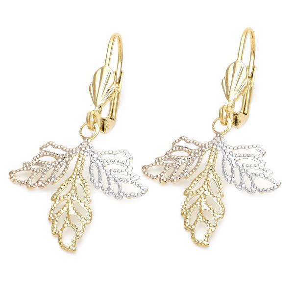 Arete Colgante 5.076.006 Oro Laminado, Diseño de Oja, Diamantado, Tricolor