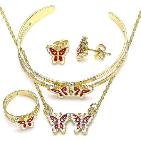 Collar, Pulso, Arete y Anillo 06.361.0038 Oro Laminado, Diseño de Mariposa, Esmaltado Rojo, Dorado