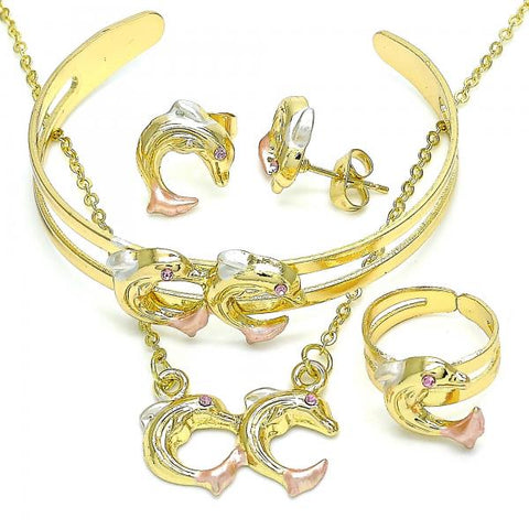 Collar, Pulso, Arete y Anillo 06.361.0021 Oro Laminado, Diseño de Delfin, con Cristal Rosado, Pulido, Tricolor