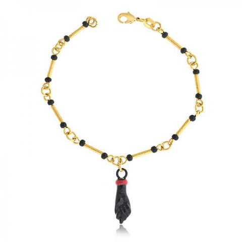 Pulsera de Dije 03.32.0189.06 Oro Laminado, Diseño de Manos y Bambu, Diseño de Manos, con Azavache Negro, Cepillado, Dorado