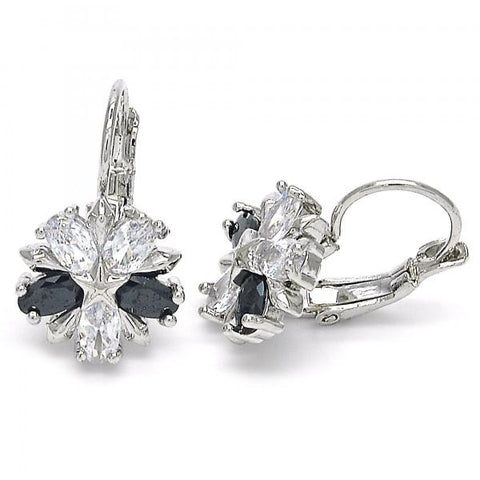 Arete Gancho Frances 02.210.0218.6 Rodio Laminado, Diseño de Flor y Estrella, Diseño de Flor, con Zirconia Cubica Negro y Blanca, Pulido, Rodinado