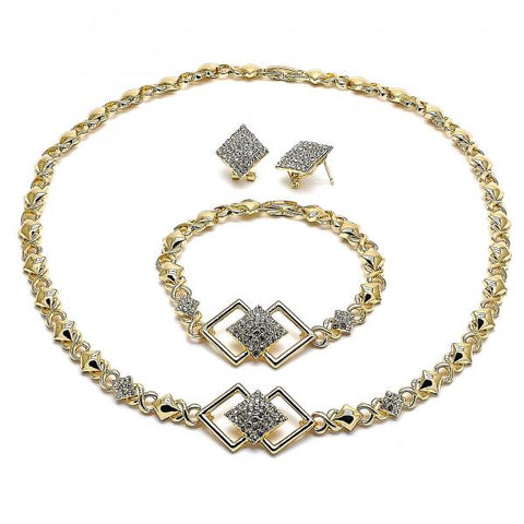 Collar, Pulso y Arete 06.372.0010 Oro Laminado, Diseño de Besos y Abrazos, con Cristal Blanca, Pulido, Dorado