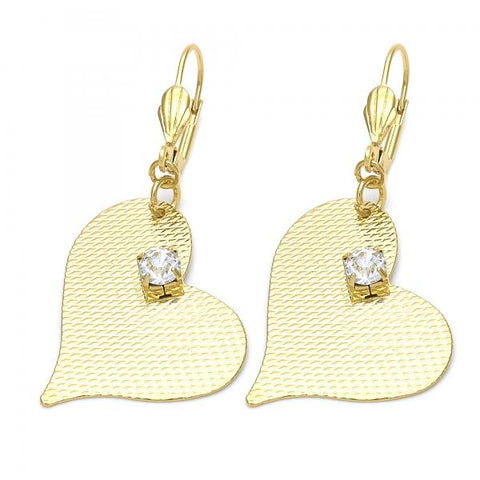 Arete Colgante 77.002 Oro Laminado, Diseño de Corazon, con Cristal Blanca, Diamantado, Dorado