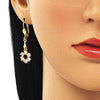 Arete Largo 02.213.0329 Oro Laminado, Diseño de Flor, con Zirconia Cubica Blanca, Pulido, Dorado