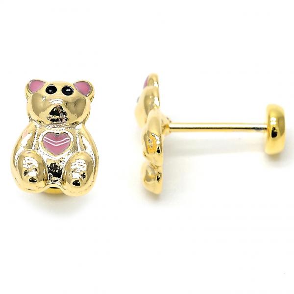 Arete Dormilona 02.09.0092 Oro Laminado, Diseño de Osito, Esmaltado Rosado, Dorado