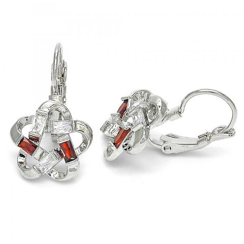 Arete Gancho Frances 02.210.0214.5 Rodio Laminado, Diseño de Flor, con Zirconia Cubica Granate y Blanca, Pulido, Rodinado