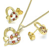 Juego de Arete y Dije de Adulto 10.210.0156.1 Oro Laminado, Diseño de Corazon, con Zirconia Cubica Granate y Blanca, Pulido, Dorado
