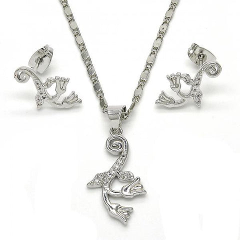 Juego de Arete y Dije de Adulto 10.156.0124 Rodio Laminado, Diseño de Flor y Oja, Diseño de Flor, con Micro Pave Blanca, Pulido, Rodinado