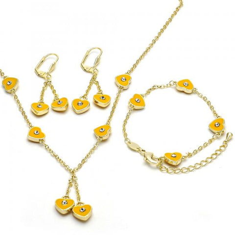 Juego de Arete y Dije de Nino 06.60.0003.2 Oro Laminado, Diseño de Corazon, con Cristal Blanca, Esmaltado Amarillo, Dorado