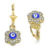Arete Colgante 02.380.0083.1 Oro Laminado, Diseño de Ojo Griego y Flor, Diseño de Ojo Griego, con Cristal Blanca, Esmaltado Azul, Dorado