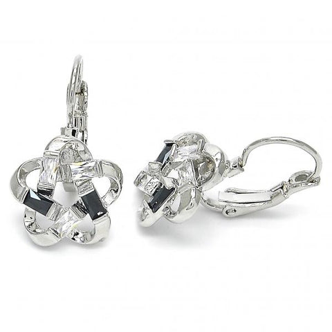 Arete Gancho Frances 02.210.0214.6 Rodio Laminado, Diseño de Flor, con Zirconia Cubica Negro y Blanca, Pulido, Rodinado