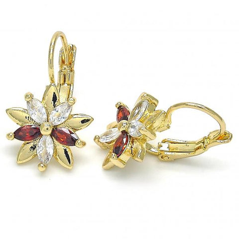 Arete Gancho Frances 02.210.0228.2 Oro Laminado, Diseño de Flor, con Zirconia Cubica Granate y Blanca, Pulido, Dorado