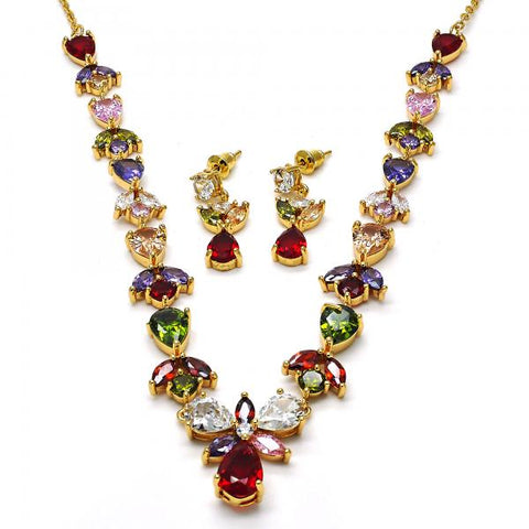 Collar y Arete 06.205.0001 Oro Laminado, Diseño de Gota y Oja, Diseño de Gota, con Zirconia Cubica Multicolor, Pulido, Dorado