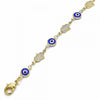 Pulsera Elegante 03.326.0007.1.06 Oro Laminado, Diseño de Ojo Griego y Mano de Dios, Diseño de Ojo Griego, Resinado Azul, Dorado