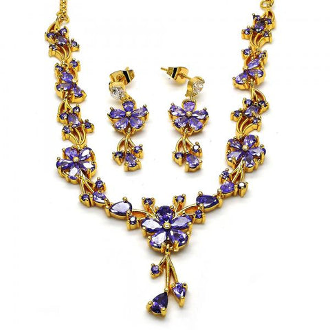 Collar y Arete 06.221.0016.1 Oro Laminado, Diseño de Flor y Gota, Diseño de Flor, con Zirconia Cubica Amatista, Pulido, Dorado