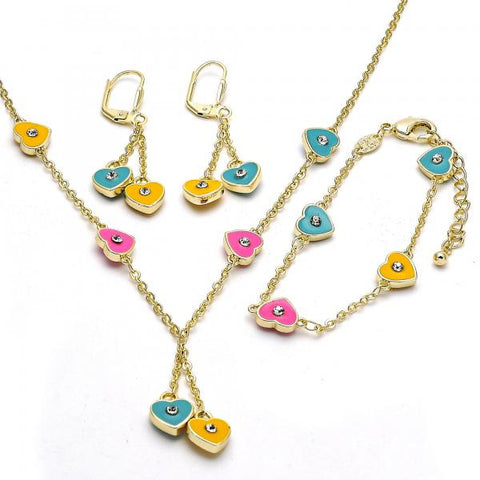 Juego de Arete y Dije de Nino 06.60.0003.4 Oro Laminado, Diseño de Corazon, con Cristal Blanca, Esmaltado Multicolor, Dorado