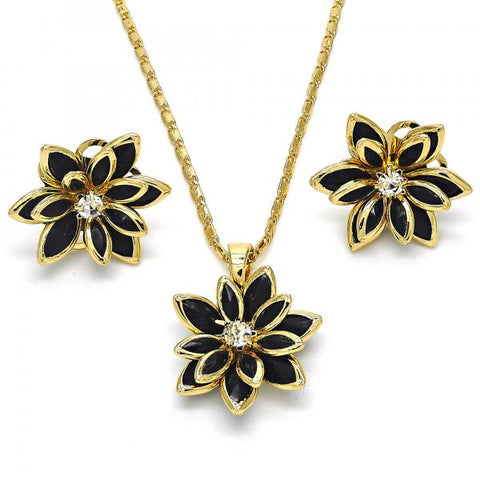 Juego de Arete y Dije de Adulto 10.64.0155.4 Oro Laminado, Diseño de Flor, con Cristal Negro y Blanca, Pulido, Dorado