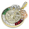 Dije Religioso 05.380.0030.1 Oro Laminado, Diseño de Moneda Centenario y Angel, Diseño de Moneda Centenario, con Cristal Granate y Verde, Pulido, Tricolor