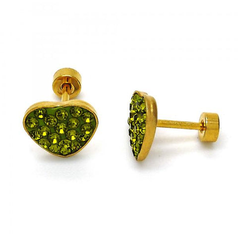 Arete Dormilona 02.271.0022.11 Acero Inoxidable, Diseño de Corazon, con Cristal Peridoto Oscuro, Pulido, Dorado