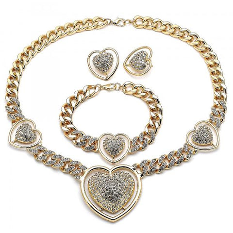 Collar, Pulso y Arete 06.372.0031 Oro Laminado, Diseño de Corazon y Miami Cubana, Diseño de Corazon, con Cristal Blanca, Pulido, Dorado